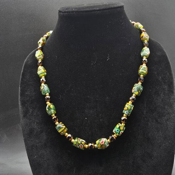 Vintage Teng Yue Green Millefiori Glass Beaded Necklace Floral - Picture 3 of 10
